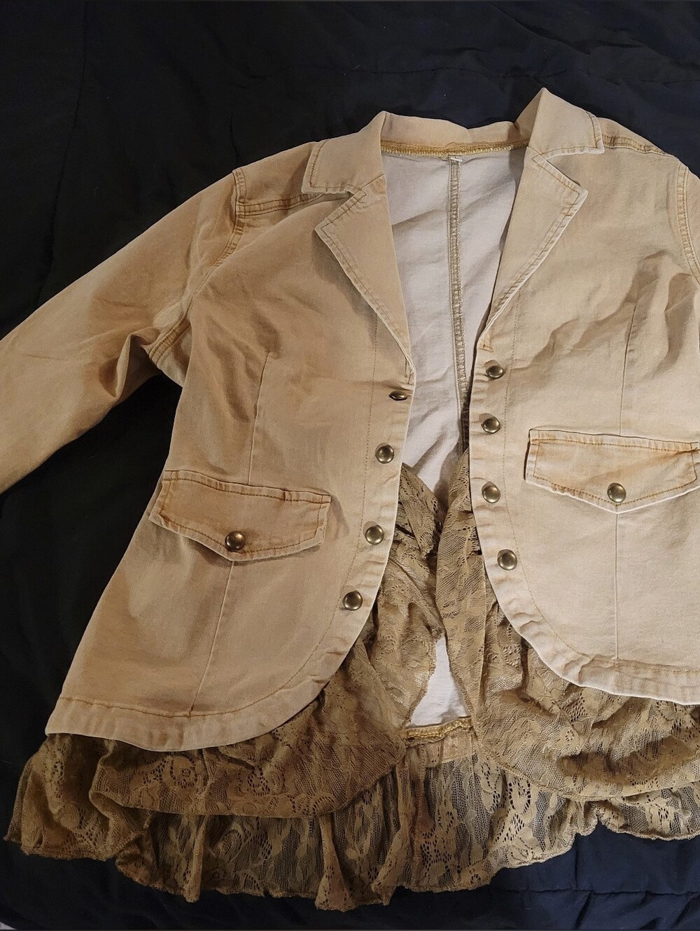 Women's Khaki Lace-Trim Jacket - Casual Tailored Coat